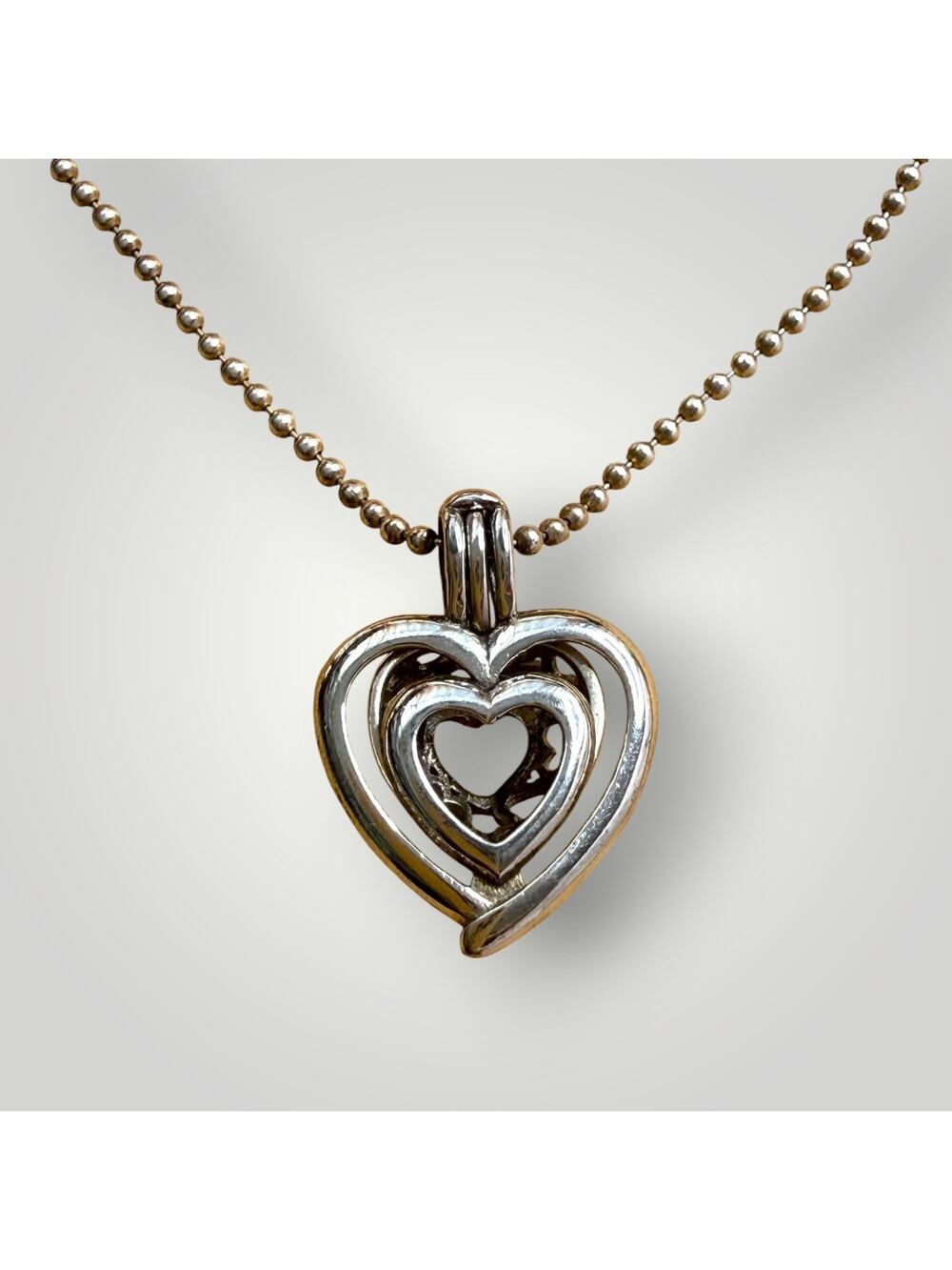 Vintage 925 Sterling Silver Heart Locket Pendant Necklace 24” Ball Chain